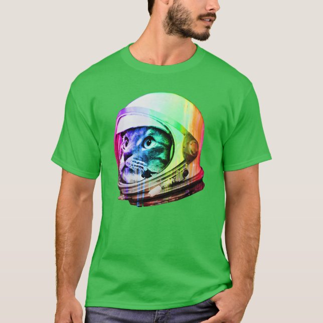 Astronaut Space Cat digital rainbow version funny T-Shirt (Front)