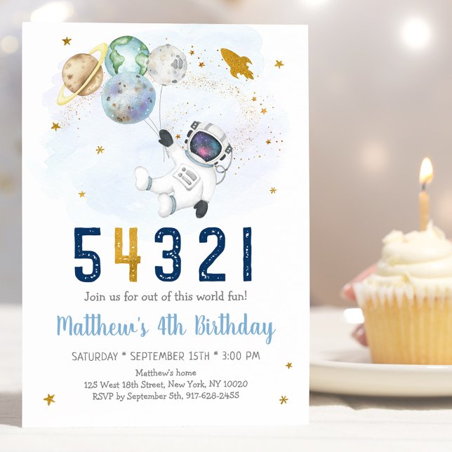 Astronaut Space Countdown 4th Birthday Invitation (Creator Uploaded)