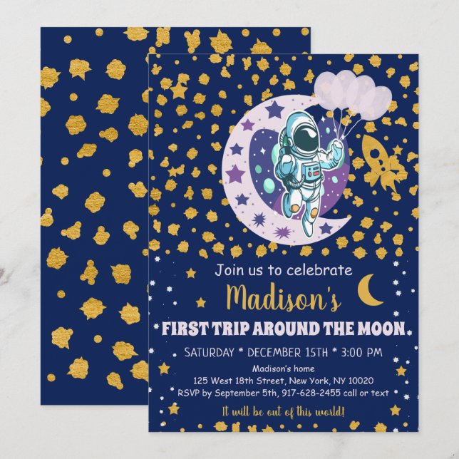 Astronaut Space First Trip Around Moon Birthday Invitation (Front/Back)