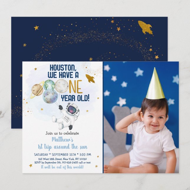 Astronaut Space First Trip Around The Sun Birthday Invitation (Front/Back)