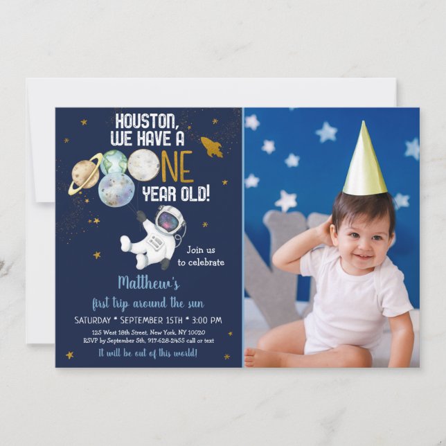Astronaut Space First Trip Around The Sun Birthday Invitation (Front)