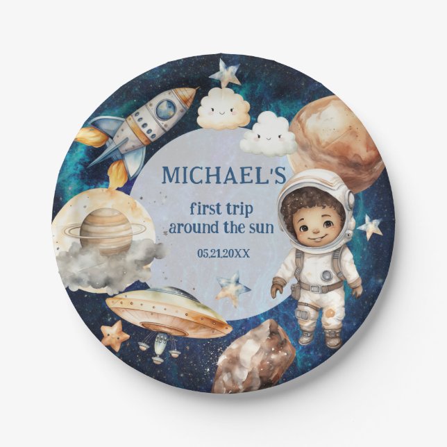 Astronaut Space First Trip Around The Sun Birthday Paper Plate (Front)