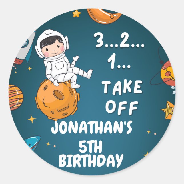Astronaut Space planets blue birthday   Classic Round Sticker (Front)