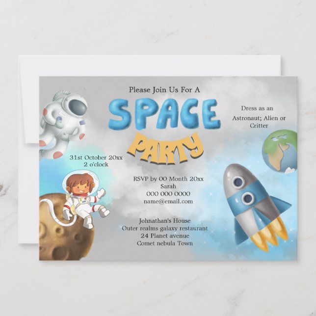 Astronaut space theme cute rocket ship invitation (Front)
