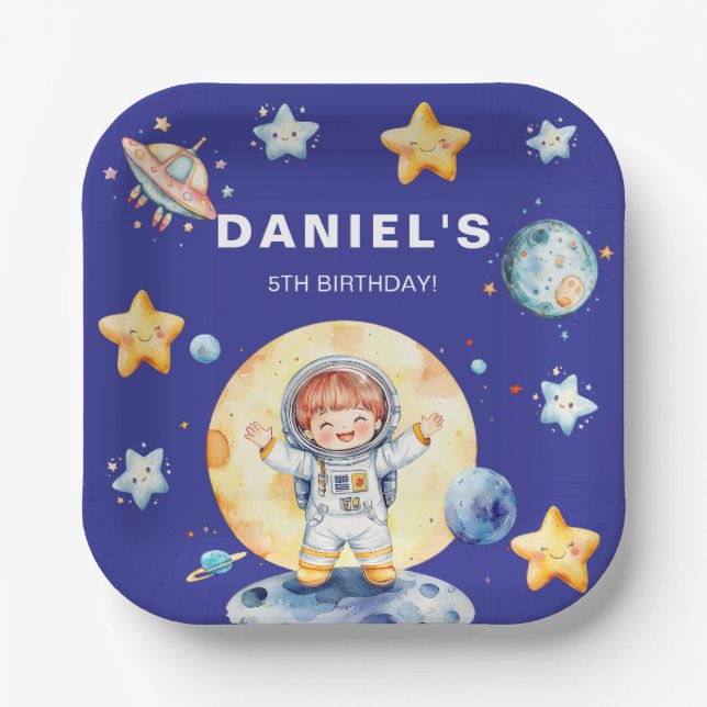 Astronaut Space-Themed Custom Birthday Party Paper Plate (Front)