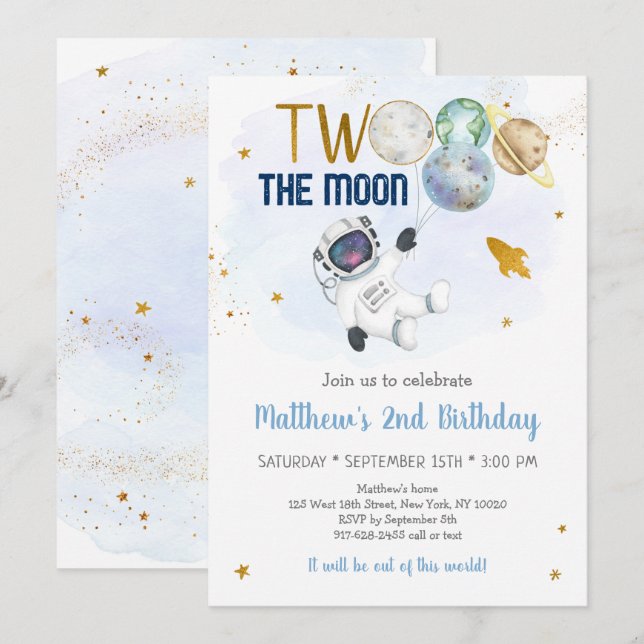 Astronaut Space Two The Moon Birthday Invitation (Front/Back)