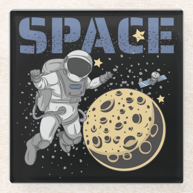 Astronaut Spacewalking and Exploring Illustration Glass Coaster (Front)
