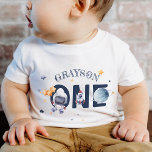 Astronaut Stars Rocket Planet Boy 1st Birthday  Baby T-Shirt<br><div class="desc">This cute astronaut galaxy outer space themed baby first birthday party tshirt features a planet cartoon with stars  and can be personalized with your boy's name. Perfect for space loving children. Great first birthday party decor for your little one!</div>