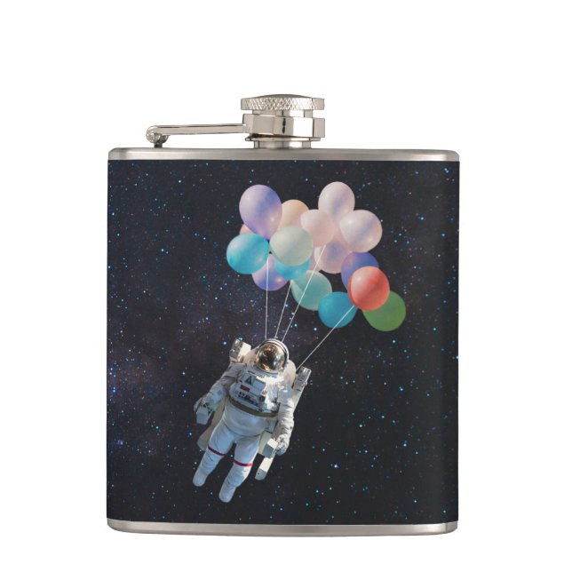 Astronaut Stars & Space Colourful Balloons Hip Flask (Front)