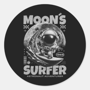 Astronaut Surfer Design, Moon Surfing Space Cosmic Classic Round Sticker