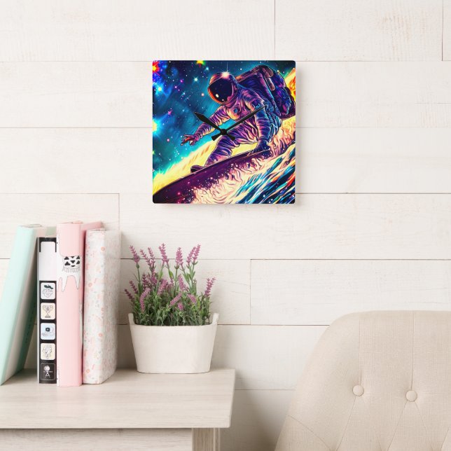ASTRONAUT SURFING ON RIDE THE COSMIC WAVES SQUARE WALL CLOCK (Reading Room)