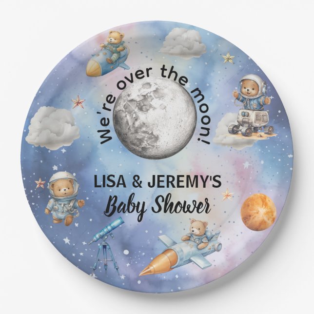 Astronaut Teddy Bears in Space Baby Shower Paper Plate (Front)