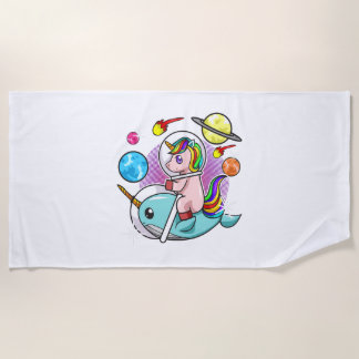 Astronaut Unicorn Riding Narwhal Space Universe Beach Towel