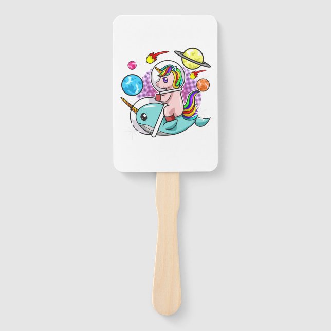 Astronaut Unicorn Riding Narwhal Space Universe Hand Fan (Front)