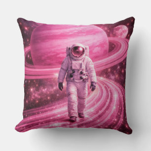 Astronaut Walking on Pink Rings Throw Pillow