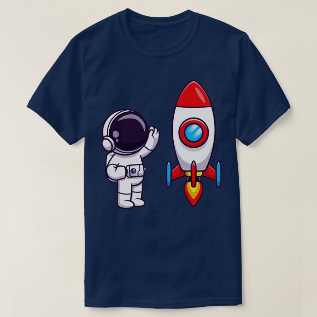 Astronaut Waving Hand to Rocket Cartoon T-Shirt (Design Front)