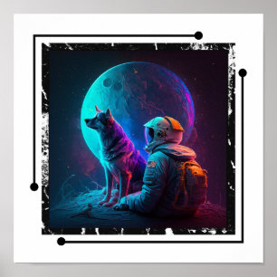  Astronaut with dog in Space , Neon Design Art Poster
