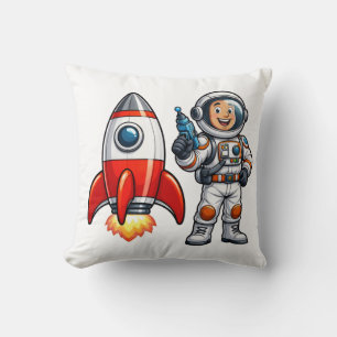 Astronaut with Rocket Cartoon Space Art Throw Pillow
