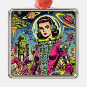 Astronaut Woman Vintage Sci-Fi Comics Metal Ornament