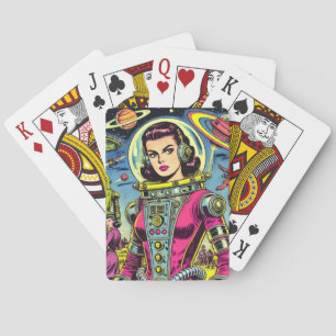 Astronaut Woman Vintage Sci-Fi Comics Playing Cards