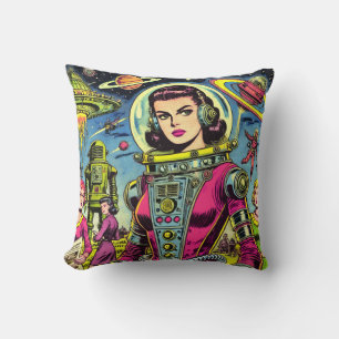 Astronaut Woman Vintage Sci-Fi Comics Throw Pillow