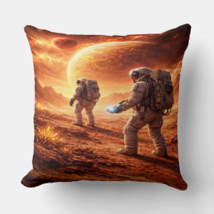 Astronauts explore orange planet throw pillow