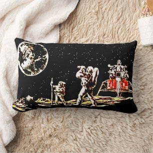 Astronauts Gazing at Earth - Retro Galaxy Lumbar Pillow