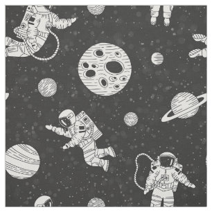 Astronauts in outer space  black and white fabric