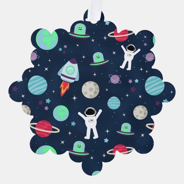 Astronauts Planets Rockets and Aliens Ornament Card (Front)