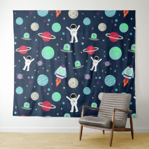 Astronauts Planets Rockets and Aliens Tapestry