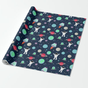 Astronauts Planets Rockets and Aliens Wrapping Paper