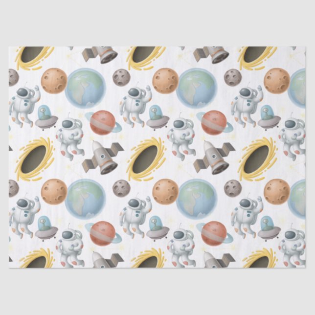 Astronauts, Rockets and Planets on White Decoupage Tissue Paper (Front)