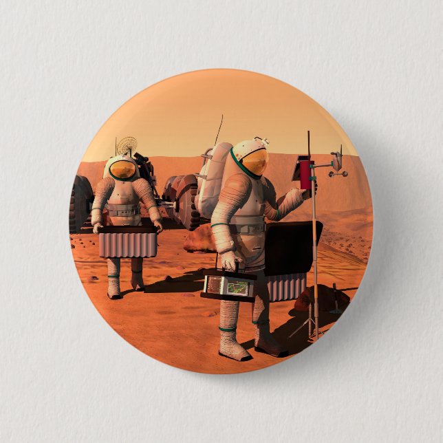 Astronauts Setting Up Weather Equipment On Mars. 2 Inch Round Button (Front)
