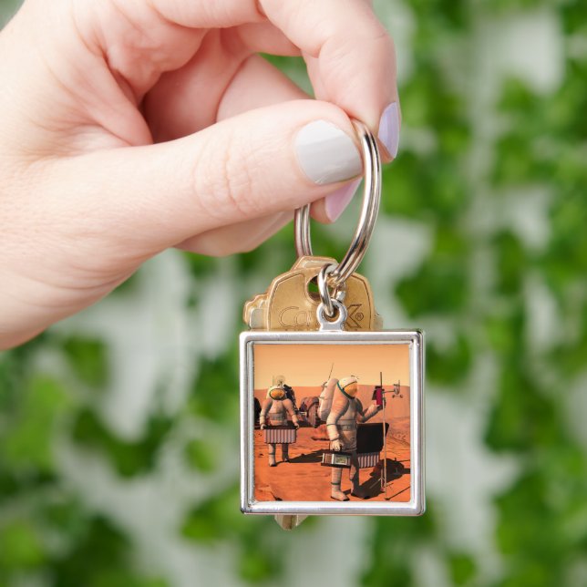 Astronauts Setting Up Weather Equipment On Mars. Keychain (Hand)