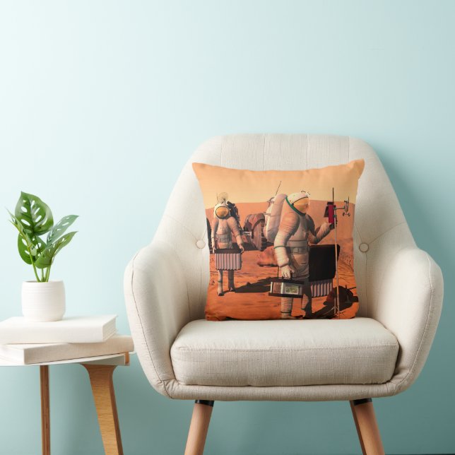 Astronauts Setting Up Weather Equipment On Mars. Throw Pillow (Chair)
