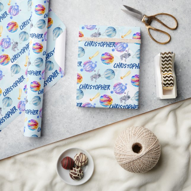 Astronauts Watercolor Space Boy Custom name Wrapping Paper (Crafts)