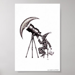 Astronomer and moon surreal black and white art poster