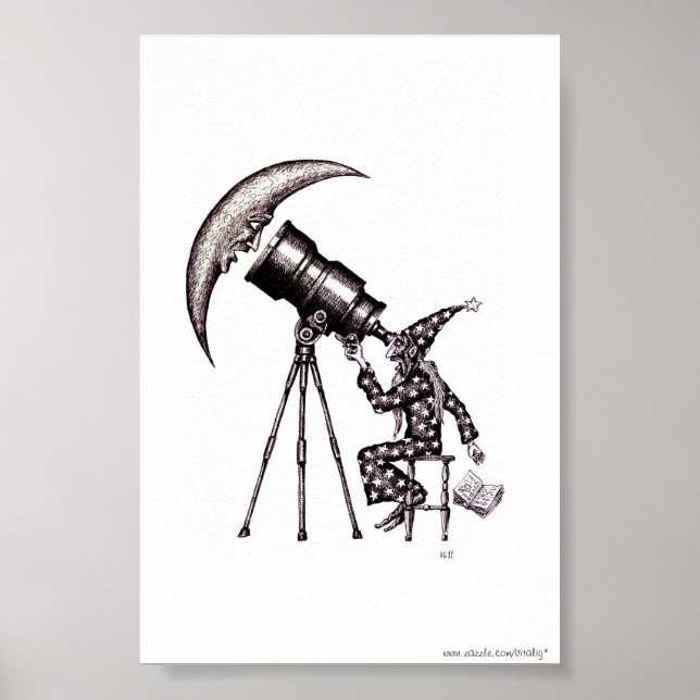 Astronomer and moon surreal black and white art poster (Front)
