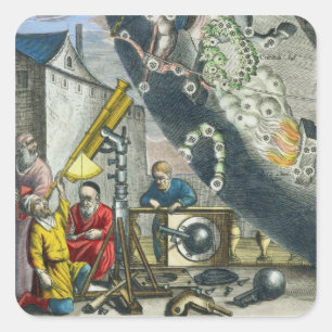 Astronomers looking through a telescope, detail fr square sticker