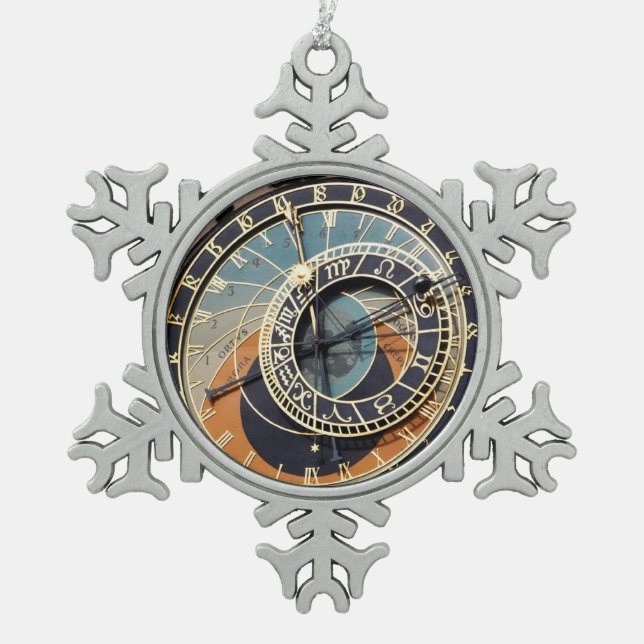 Astronomical Clock In Prague Snowflake Pewter Christmas Ornament (Front)