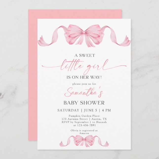 ASweet Little Girl Coquette Bow Border Baby Shower Invitation (Front/Back)