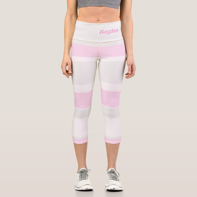 Asymmetric Stripes Lines Grey Pink White Capri Leggings (Front)