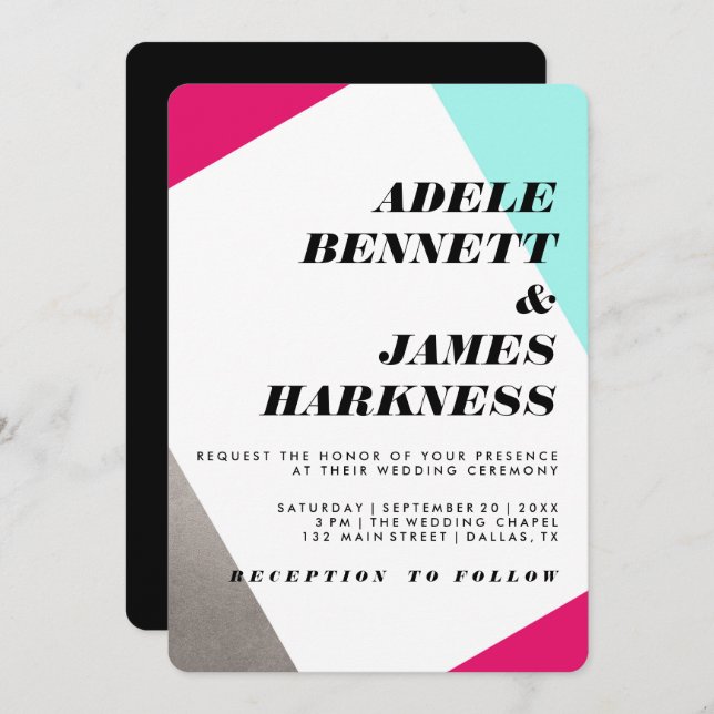 Asymmetrical Hot Pink Silver & Turquoise Wedding Invitation (Front/Back)
