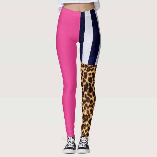 Asymmetrical Hot Pink, stripe and Cheetah Leggings (Front)