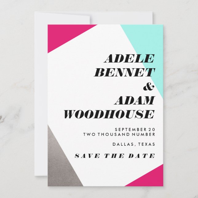 Asymmetrical Hot Pink & Turquoise Save the Date (Front)