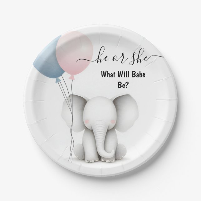 At Big Zoo Baby White Elephant Birth Gender Reveal Paper Plate (Front)