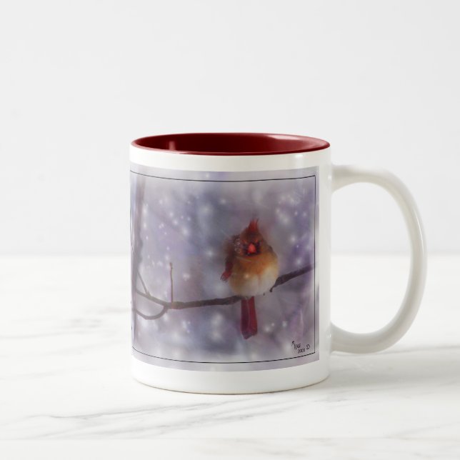 At Cold Day's End Lady Cardinal. Two-Tone Coffee Mug (Right)