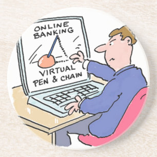 At Computer Online Banking Funny Cartoon Coaster