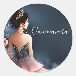 At Glam Ball Gown Spark Dark Navy Blue Quinceanera Classic Round Sticker