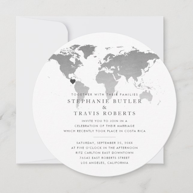 At Home Reception World Map Travel Theme Invite (Front)